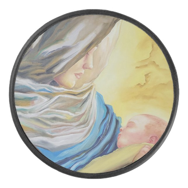 Our Lady of Silence holding baby Jesus Hockey Puck (Front)