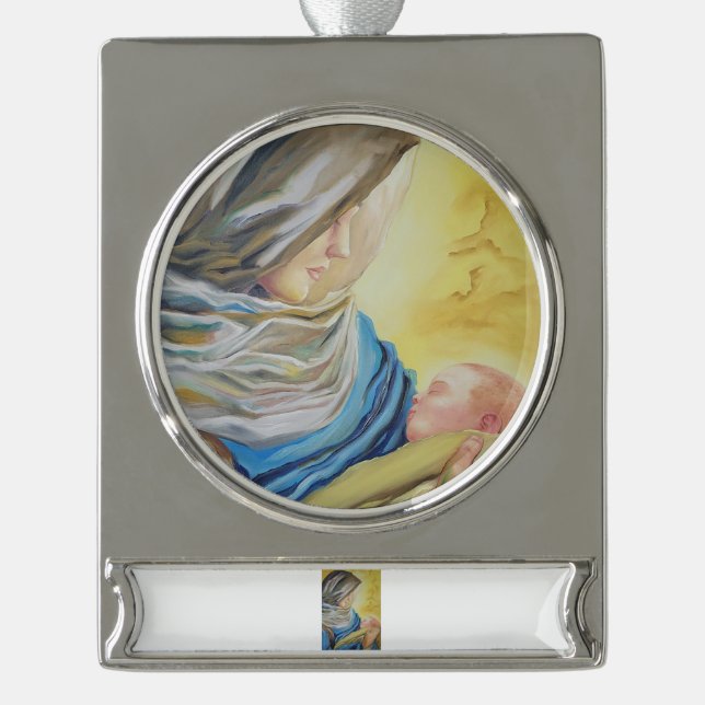 Our Lady of Silence holding baby Jesus Silver Plated Banner Ornament (Front)