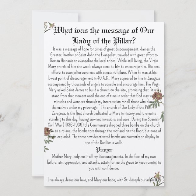 Our Lady of the Pillar Prayer Card (Back)
