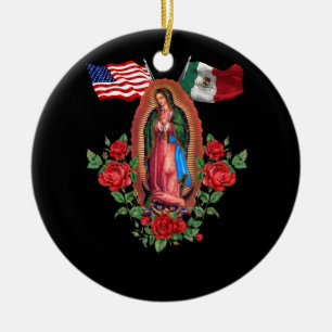 Our Lady Virgen De Guadalupe Mexican American Flag Ceramic Ornament