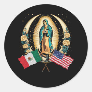 Our Lady Virgen De Guadalupe Mexican American Flag Classic Round Sticker