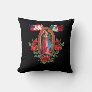 Our Lady Virgen De Guadalupe Mexican American Flag Cushion