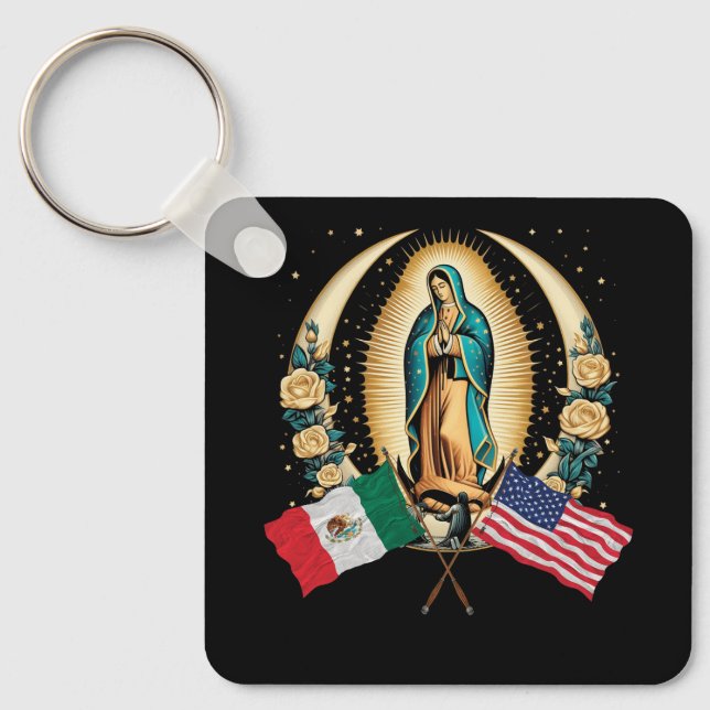 Our Lady Virgen De Guadalupe Mexican American Flag Key Ring (Front)