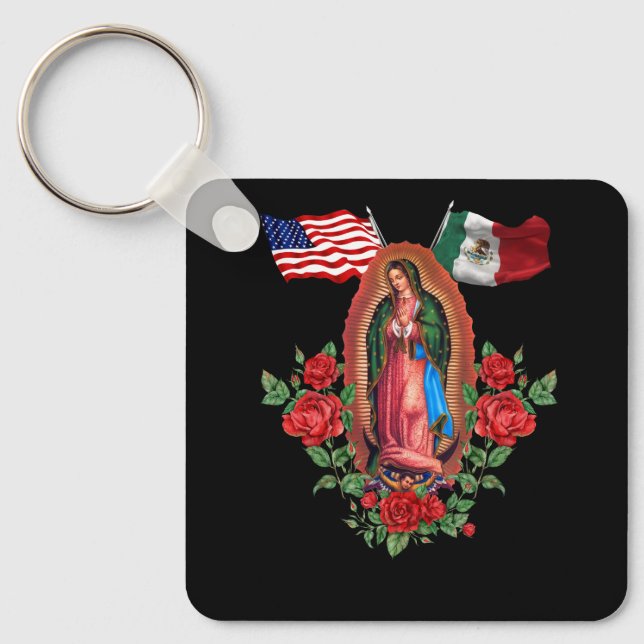 Our Lady Virgen De Guadalupe Mexican American Flag Key Ring (Front)
