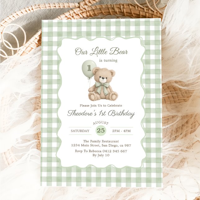 Our Little Bear Green Balloon First Birthday Invitation (Creator Uploaded)