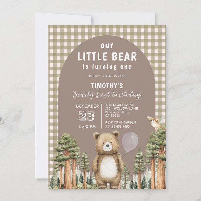 Our Little Bear is Turning One Forest Gingham Invitation (Front)