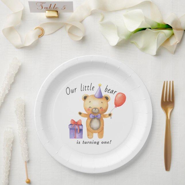 Our Little Bear is turning one Kids Birthday Paper Plate (Wedding)