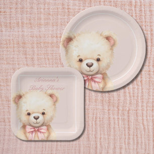 Our Little Bear on the Way Pink Bow Baby Shower Paper Plate