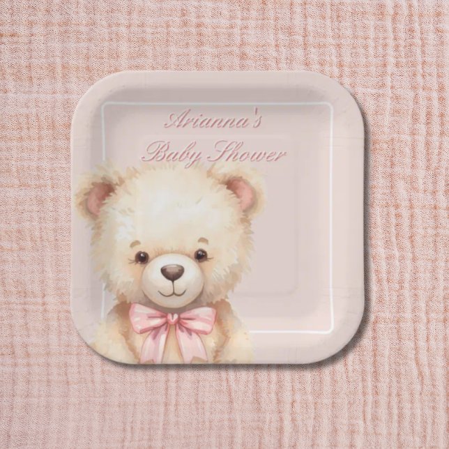 Our Little Bear on the Way Pink Bow Baby Shower Paper Plate (Creator Uploaded)