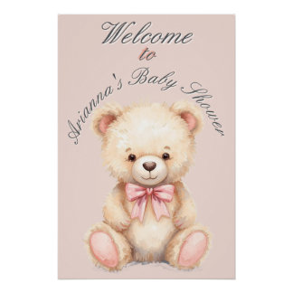 Our Little Bear on the Way Pink Bow Baby Shower Poster