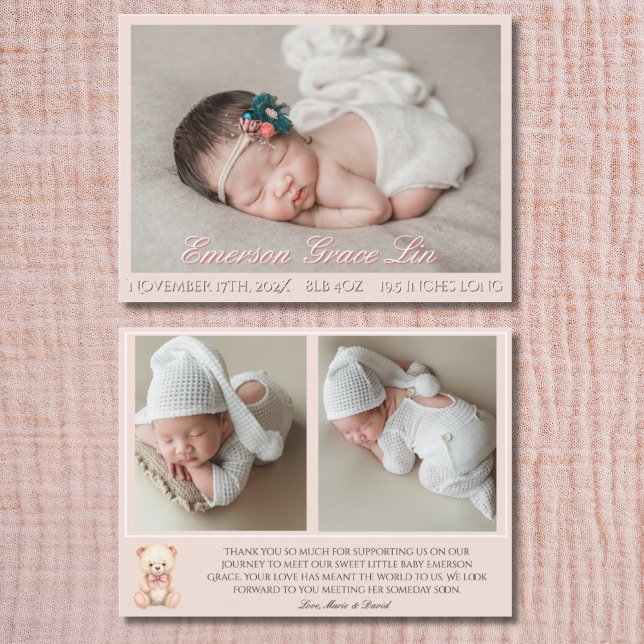 Our Little Bear Pink 3 Photo Birth Announcement  (Creator Uploaded)