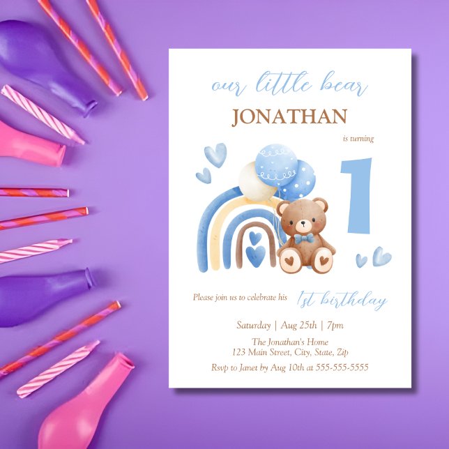 Our Little Bear Rainbow Balloon 1st Birthday Invitation (Creator Uploaded)