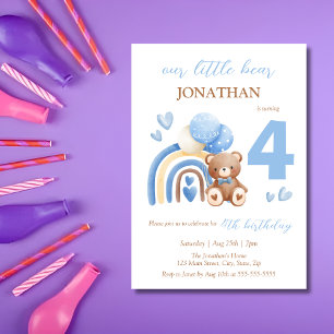 Our Little Bear Rainbow Balloon 4th Birthday Invitation