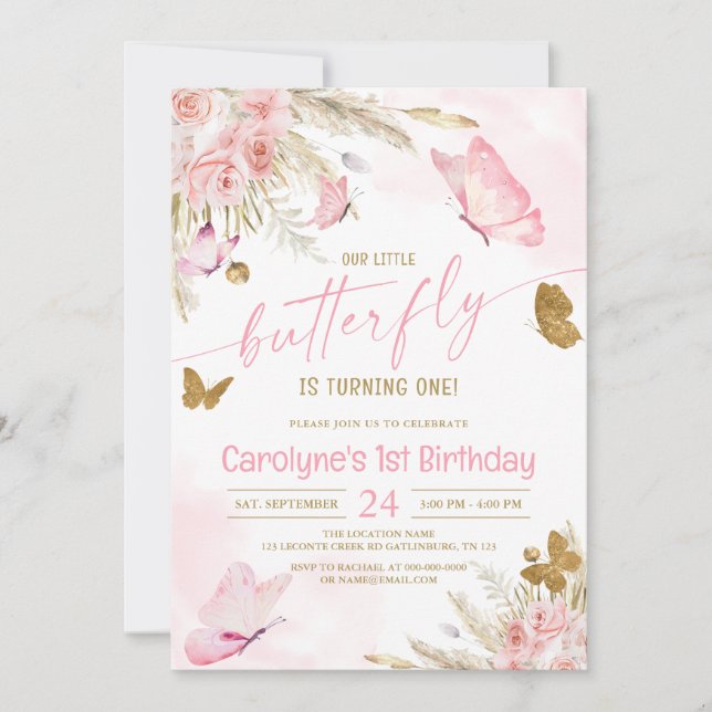 Our Little Boho Pink Butterfly Birthday Invitation (Front)