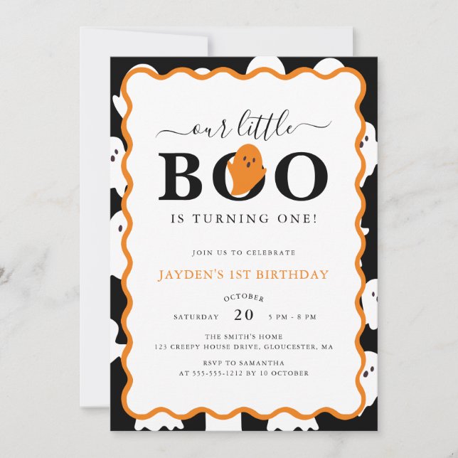 Our Little Boo Black Ghost Halloween 1st Birthday Invitation (Front)