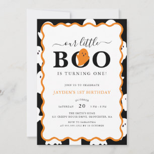 Our Little Boo Black Ghost Halloween 1st Birthday Invitation