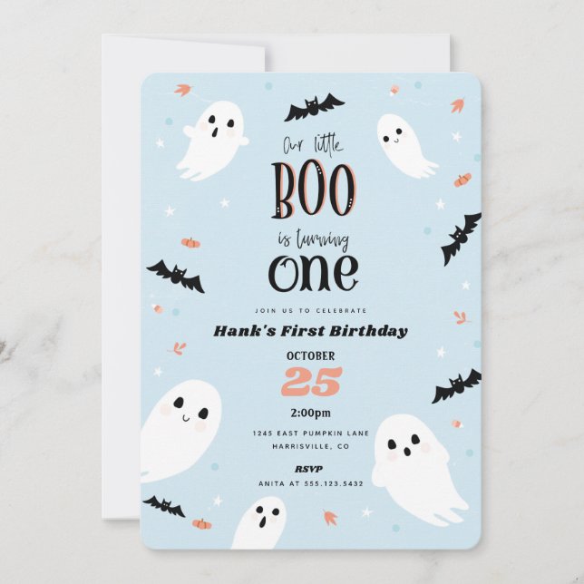 Our Little Boo Blue Halloween First Birthday  Invitation (Front)