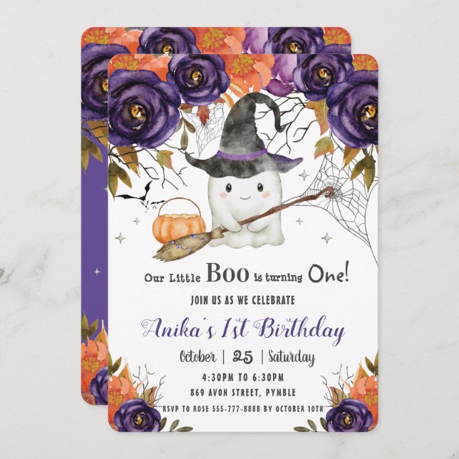 Our Little Boo Cute Ghost Halloween 1st Birthday  Invitation (Front/Back)