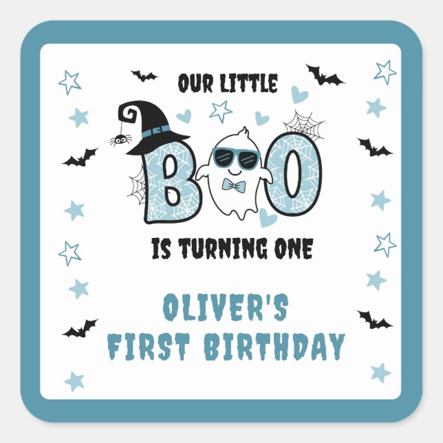 OUR LITTLE BOO IS TURNING ONE BLUE 1ST BIRTHDAY SQUARE STICKER (Front)