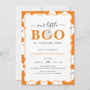 Our Little Boo Orange Ghost Halloween 1st Birthday Invitation