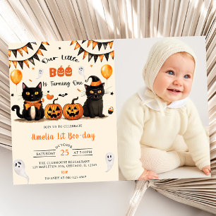 Our Little Boo Turning Black Cat Halloween Photo  Invitation