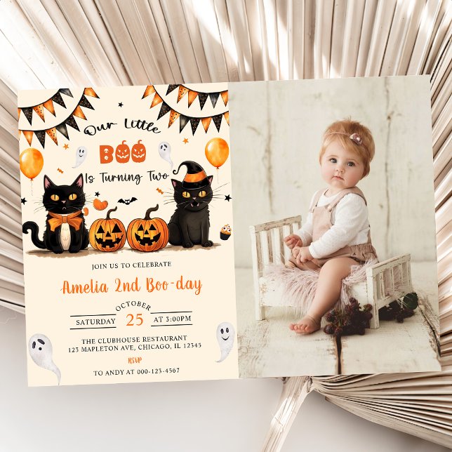 Our Little Boo Turning  Black Cat Halloween Photo  Invitation (Creator Uploaded)