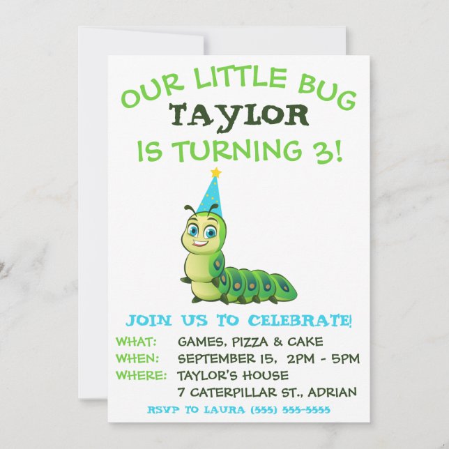 Our Little Bug, Caterpillar, Birthday Party Invitation (Front)
