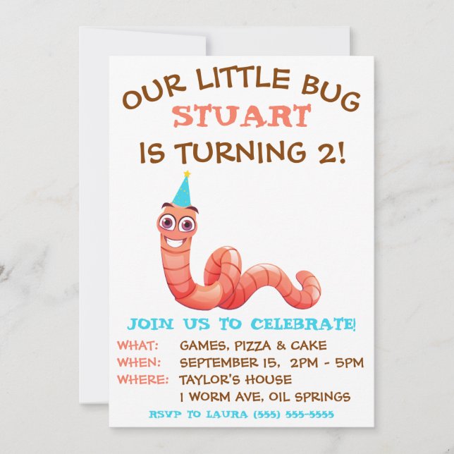 Our Little Bug, Earthworm, Worm Birthday Party Invitation (Front)