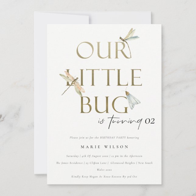 Our Little Bug Gold Dragonfly Any Age Birthday Invitation (Front)