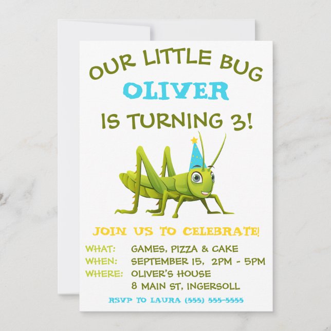 Our Little Bug, Grasshopper, Birthday Party Invitation (Front)