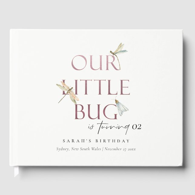 Our Little Bug Pink Dragonfly Any Age Birthday Guest Book (Front)