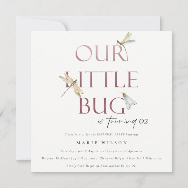 Our Little Bug Pink Dragonfly Any Age Birthday Invitation (Front)