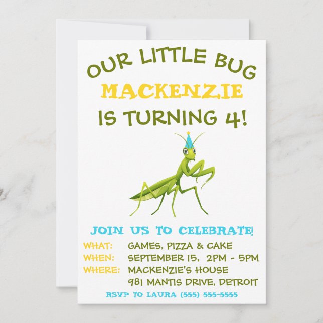 Our Little Bug, Praying Mantis, Birthday Party Invitation (Front)