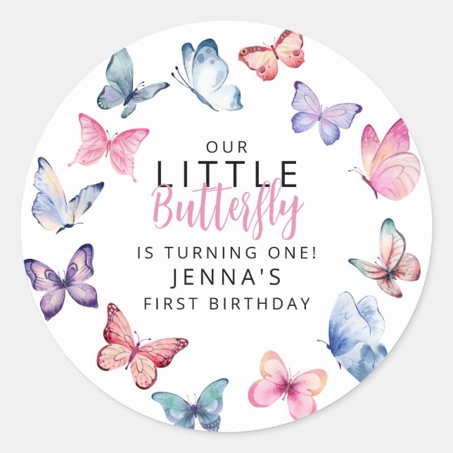 Our Little Butterfly Birthday Party Classic Round Sticker (Front)