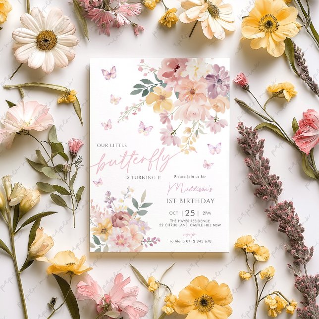 Our Little Butterfly Floral 1st Birthday Invitation (Little butterfly 1st birthday. Floral butterfly birthday invitation)