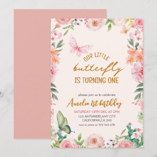 Our Little butterfly floral pink girl 1st Birthday Invitation
