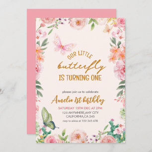 Our Little butterfly floral pink girl 1st Birthday Invitation