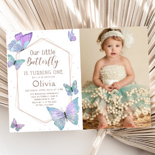 Our Little Butterfly Girls Birthday Photo Invitation