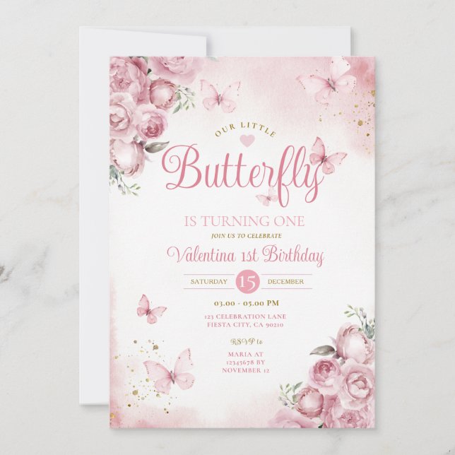 Our Little Butterfly is turning one Pink Flowers Invitation (Front)