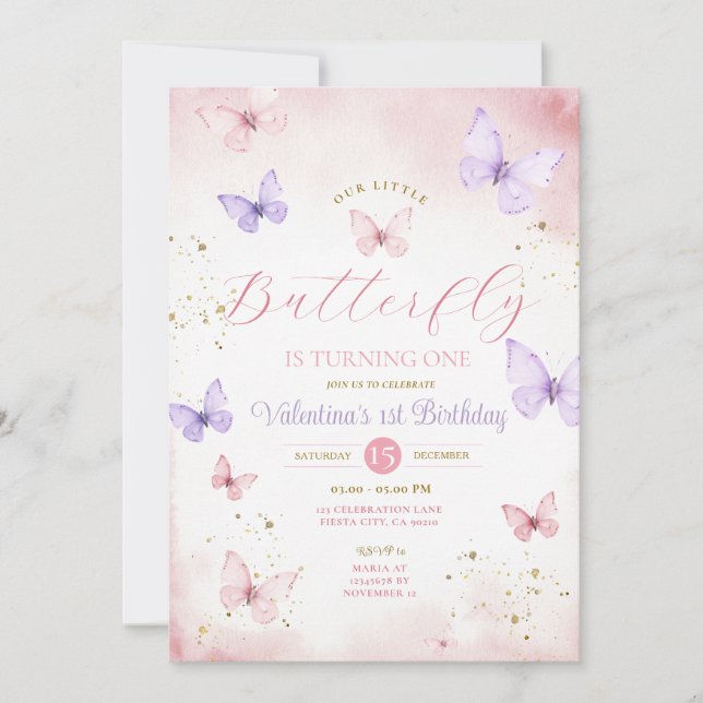 Our Little Butterfly is turning one Pink & Purple  Invitation (Front)