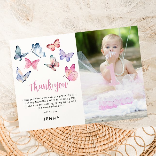 Our Little Butterfly Photo Birthday Party Thank You Card (Creator Uploaded)