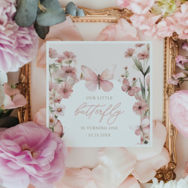 Our Little Butterfly Pink Girls Birthday Napkin (Creator Uploaded)