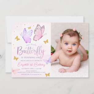 Our Little Butterfly Pink Gold Girl Birthday Photo Invitation