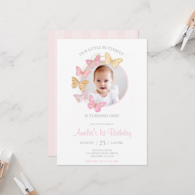 Our Little Butterfly Pink Purple Girl 1st Birthday Invitation (Front/Back In Situ)