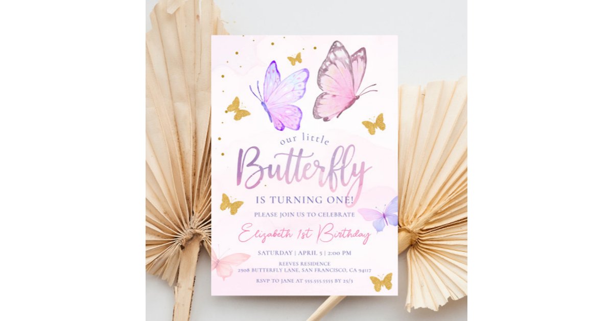 Our Little Butterfly | Pink Purple Girl Birthday Invitation | Zazzle
