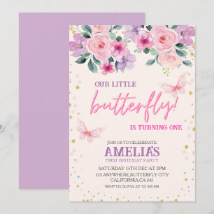 Our little butterfly purple Floral 1st Birthday Invitation