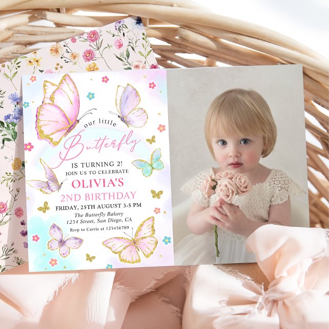 Our Little Butterfly Rainbow Girl Birthday Photo Invitation (Creator Uploaded)
