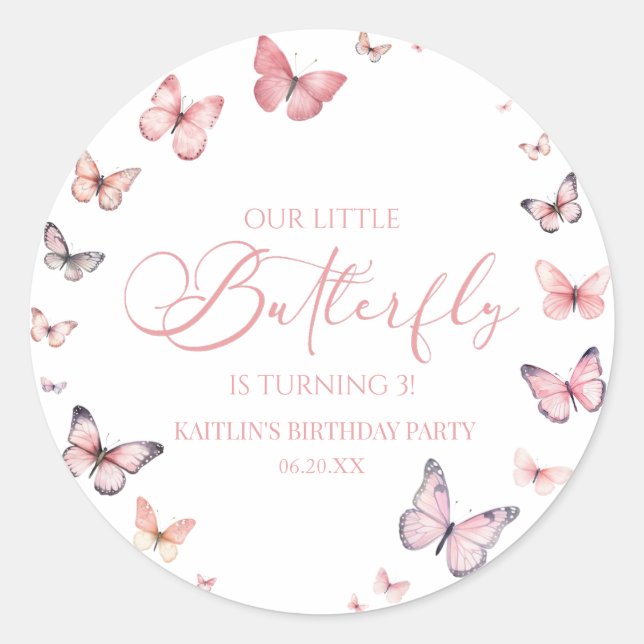 Our Little Butterfly Soft Pink Birthday Party Classic Round Sticker (Front)