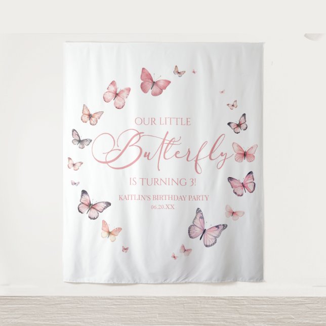 Our Little Butterfly Soft Pink Birthday Party Tapestry (Front)