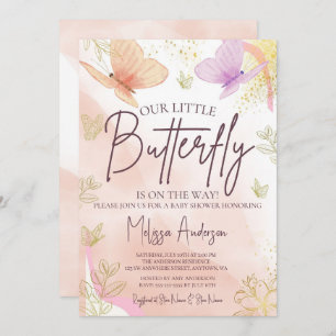 Our Little Butterfly Watercolor Pink Purple Gold Invitation